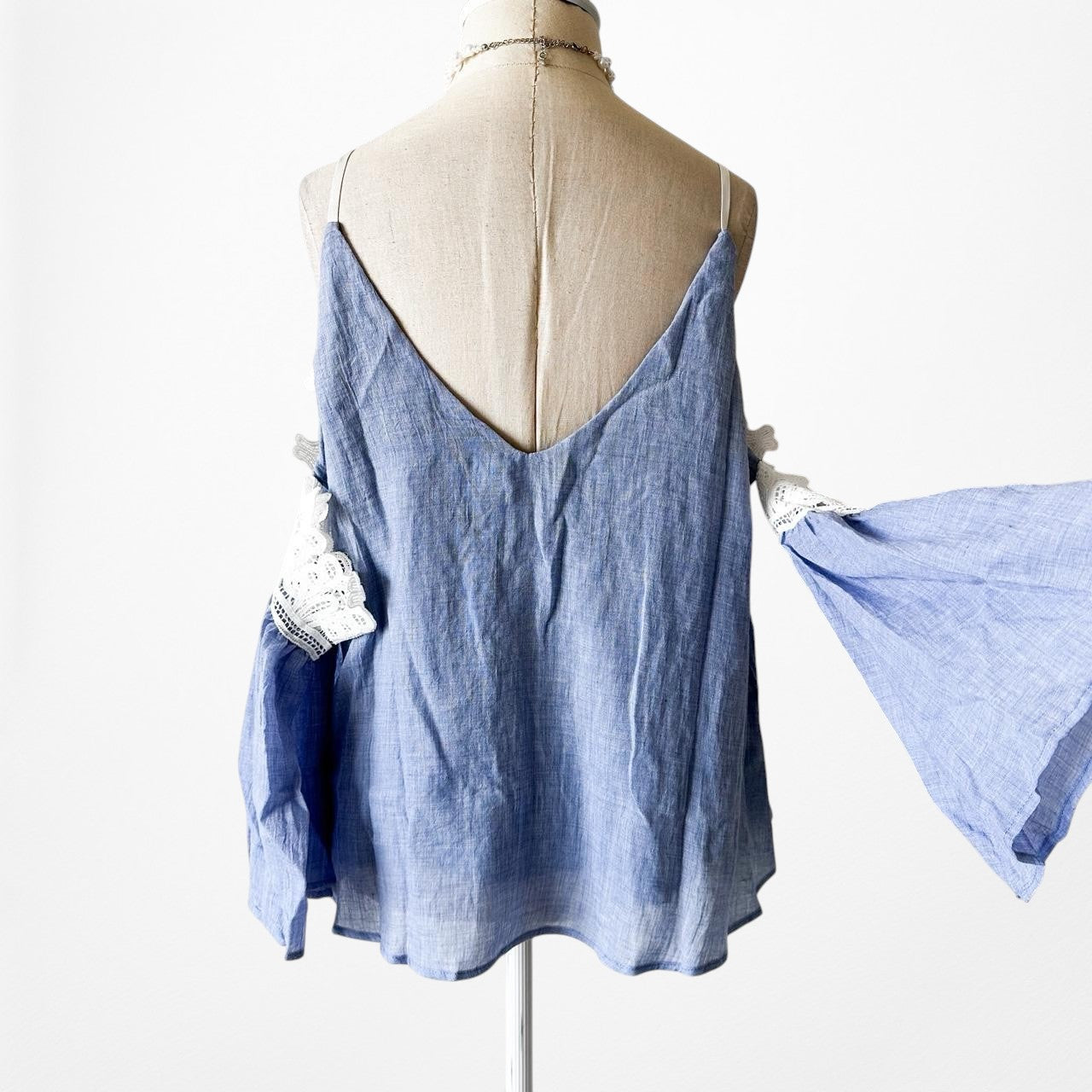 Blue Lace Trim Cold Shoulder Long Bell Sleeves Babydoll Pleated Top Size M/L