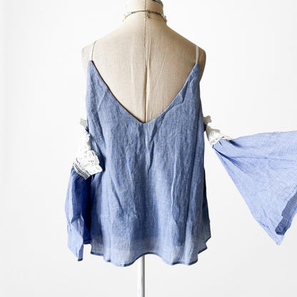 Blue Lace Trim Cold Shoulder Long Bell Sleeves Babydoll Pleated Top Size M/L