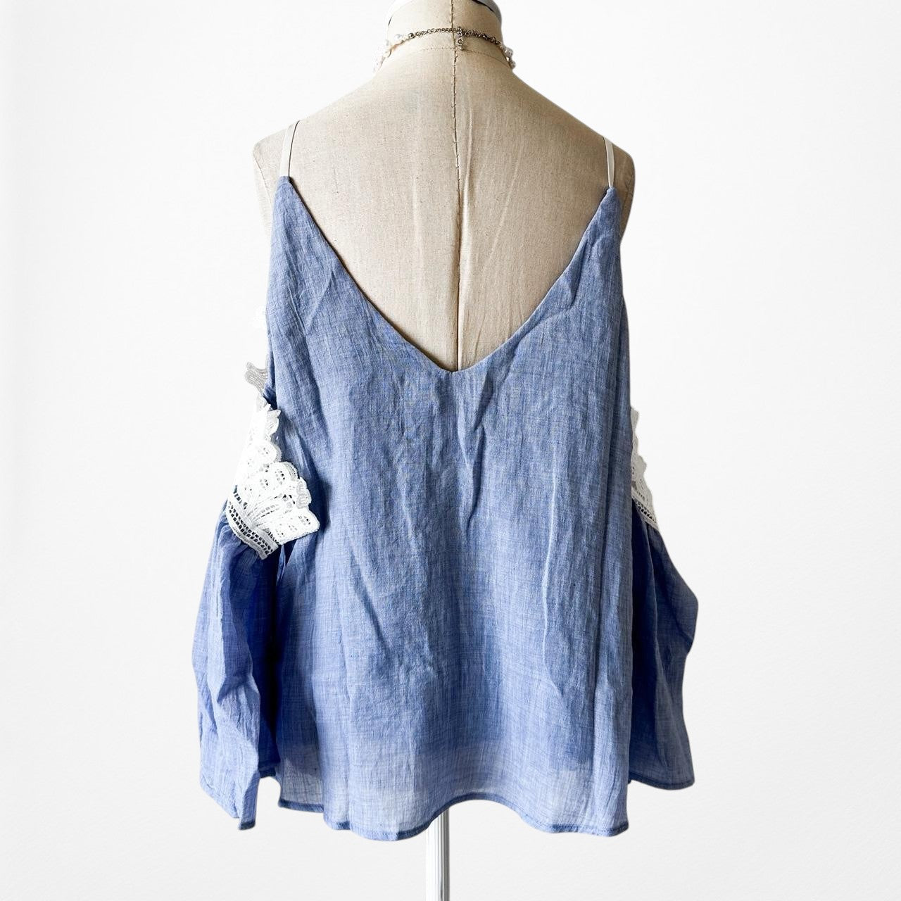 Blue Lace Trim Cold Shoulder Long Bell Sleeves Babydoll Pleated Top Size M/L