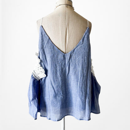 Blue Lace Trim Cold Shoulder Long Bell Sleeves Babydoll Pleated Top Size M/L