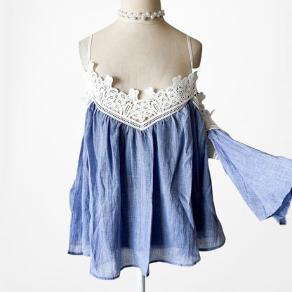 Blue Lace Trim Cold Shoulder Long Bell Sleeves Babydoll Pleated Top Size M/L