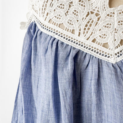 Blue Lace Trim Cold Shoulder Long Bell Sleeves Babydoll Pleated Top Size M/L