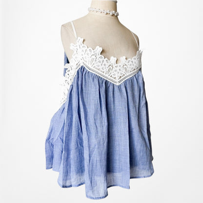 Blue Lace Trim Cold Shoulder Long Bell Sleeves Babydoll Pleated Top Size M/L