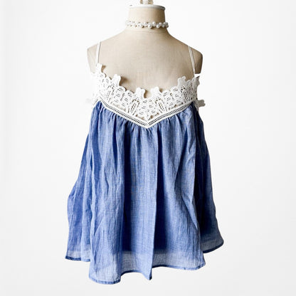 Blue Lace Trim Cold Shoulder Long Bell Sleeves Babydoll Pleated Top Size M/L