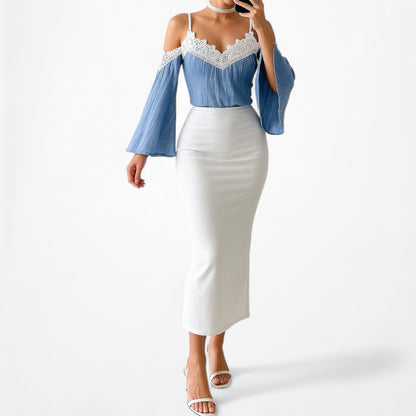 Blue Lace Trim Cold Shoulder Long Bell Sleeves Babydoll Pleated Top Size M/L