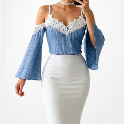 Blue Lace Trim Cold Shoulder Long Bell Sleeves Babydoll Pleated Top Size M/L