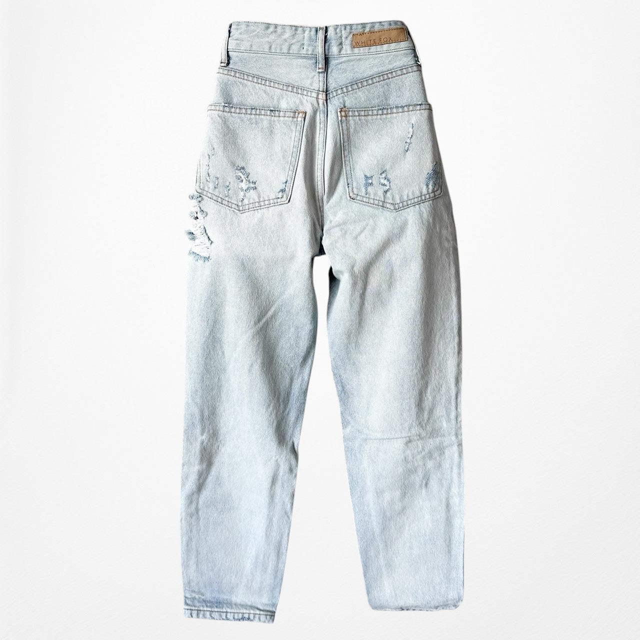 White Fox Boutique High Waisted Distressed Ripped Knee Cropped Mom Jeans Size XS