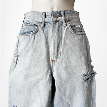 White Fox Boutique High Waisted Distressed Ripped Knee Cropped Mom Jeans Size XS