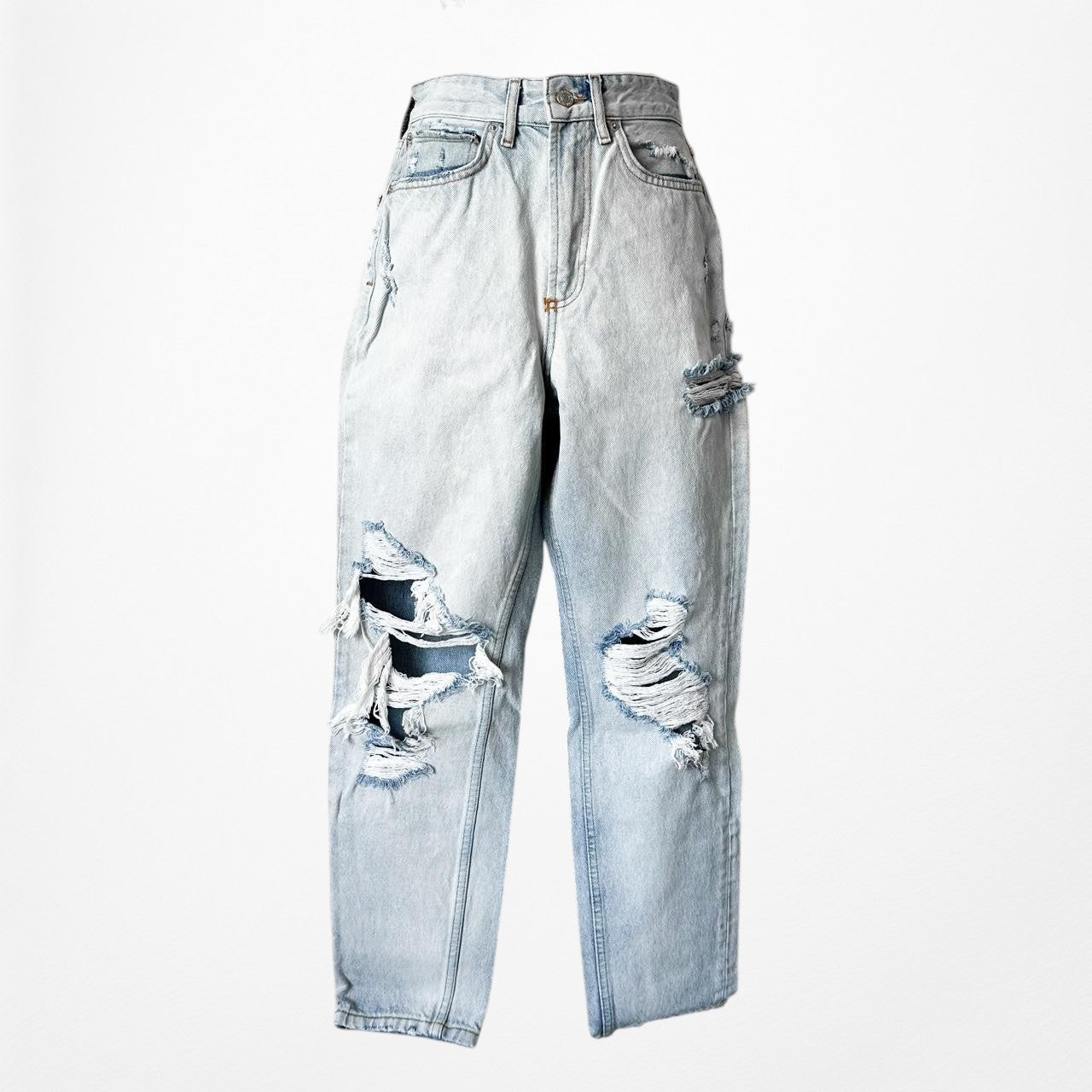 White Fox Boutique High Waisted Distressed Ripped Knee Cropped Mom Jeans Size XS