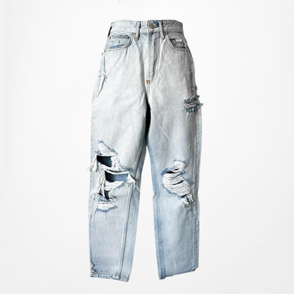 White Fox Boutique High Waisted Distressed Ripped Knee Cropped Mom Jeans Size XS