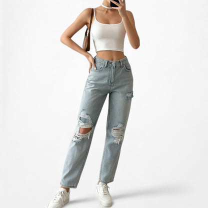 White Fox Boutique High Waisted Distressed Ripped Knee Cropped Mom Jeans Size XS