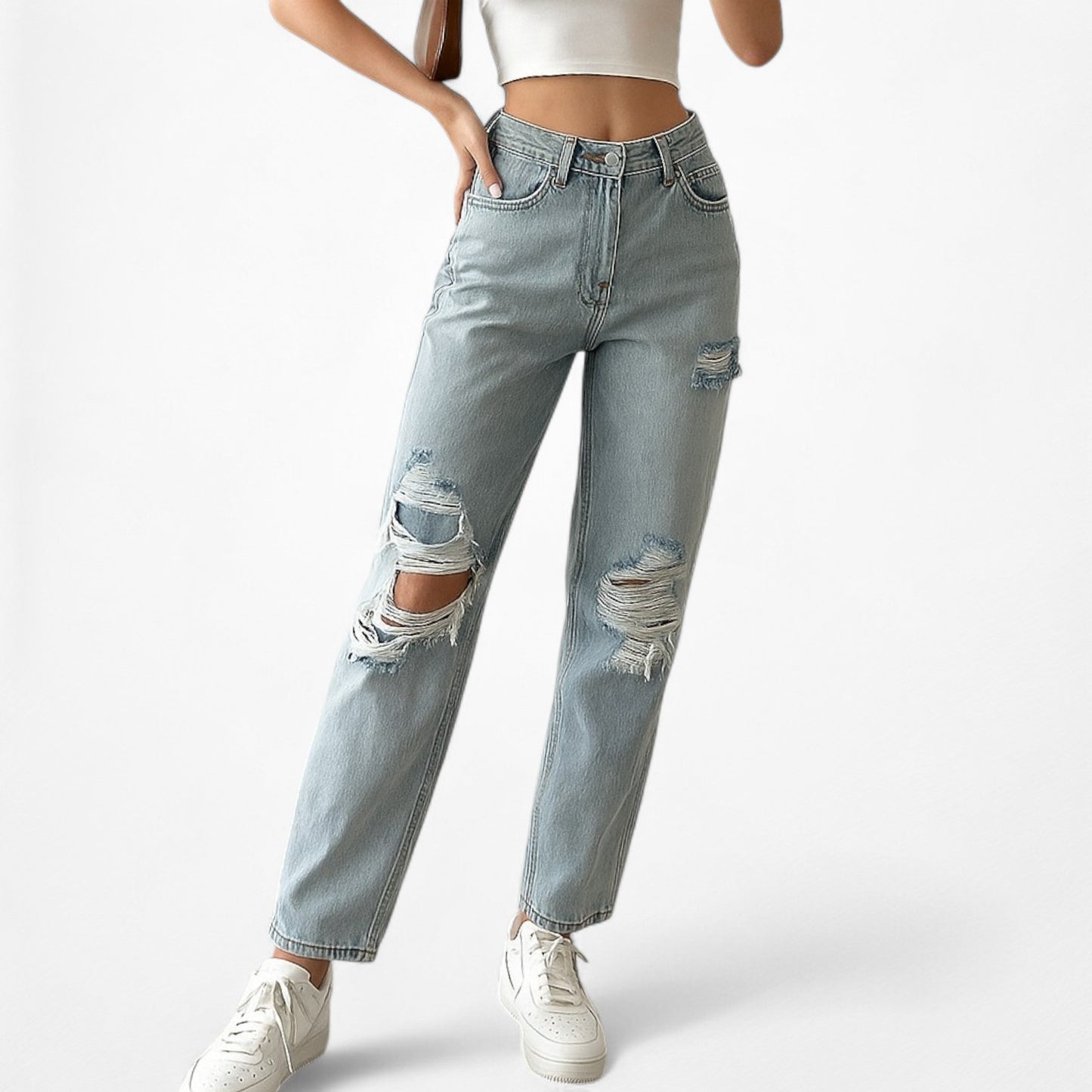 White Fox Boutique High Waisted Distressed Ripped Knee Cropped Mom Jeans Size XS