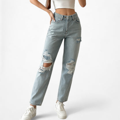 White Fox Boutique High Waisted Distressed Ripped Knee Cropped Mom Jeans Size XS