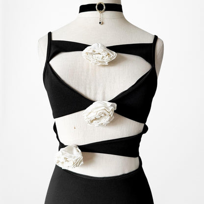 White Fox Boutique Black White Cutout Floral Applique Mini Bodycon Dress Size XS