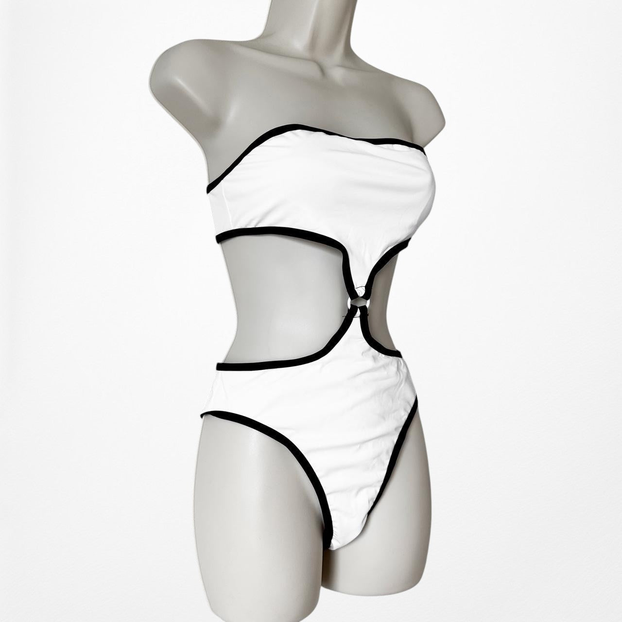 White Black Colorblock Strapless One Piece Cutout Bathing Swimsuit Size S