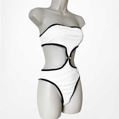 White Black Colorblock Strapless One Piece Cutout Bathing Swimsuit Size S