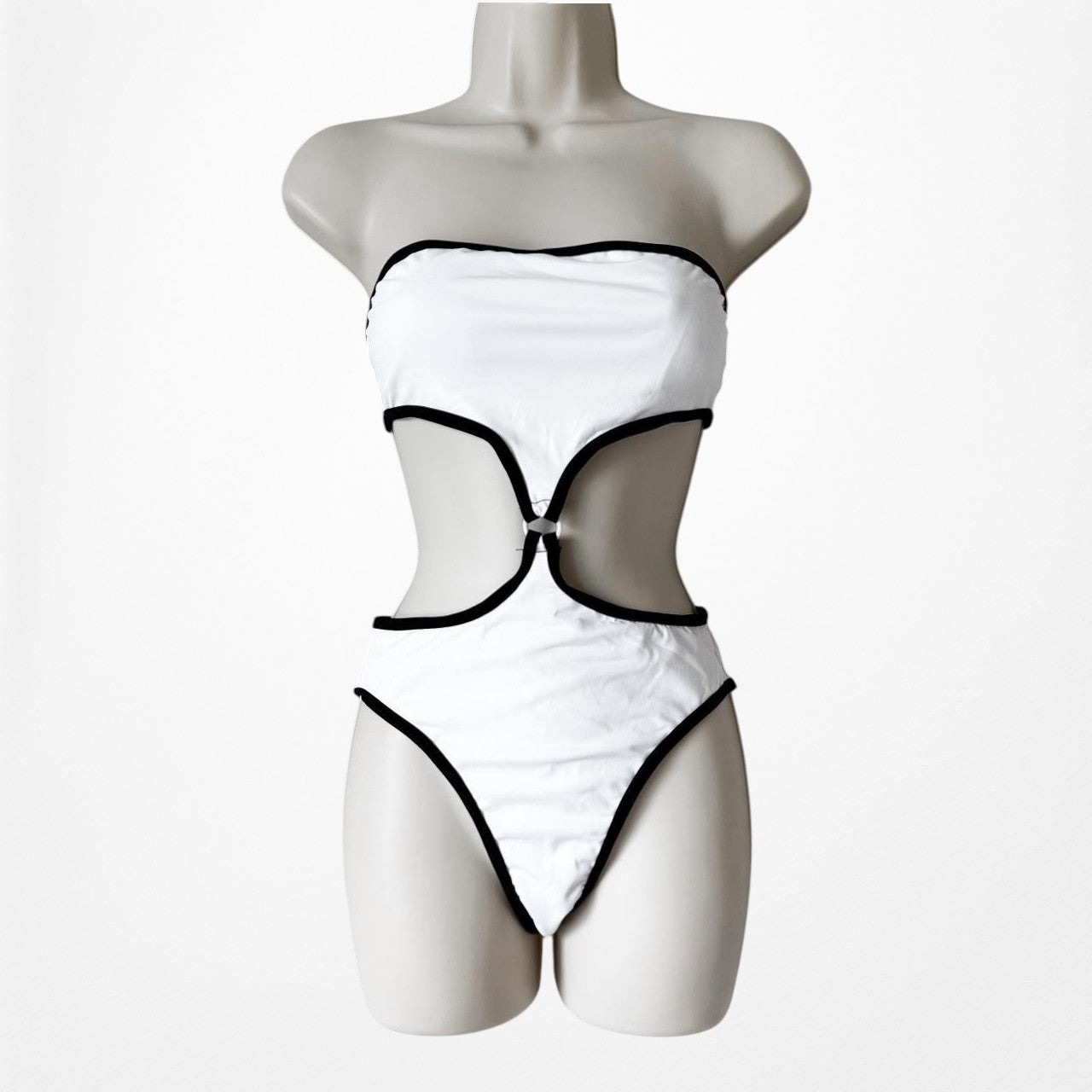 White Black Colorblock Strapless One Piece Cutout Bathing Swimsuit Size S