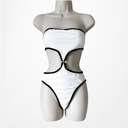 White Black Colorblock Strapless One Piece Cutout Bathing Swimsuit Size S
