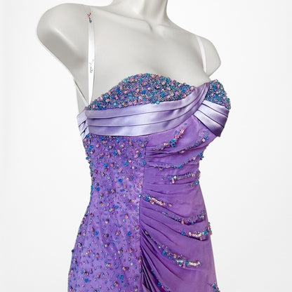 Vintage Purple Gradient Ombre Beaded Strapless Side Slit Maxi Prom Dress Size XS