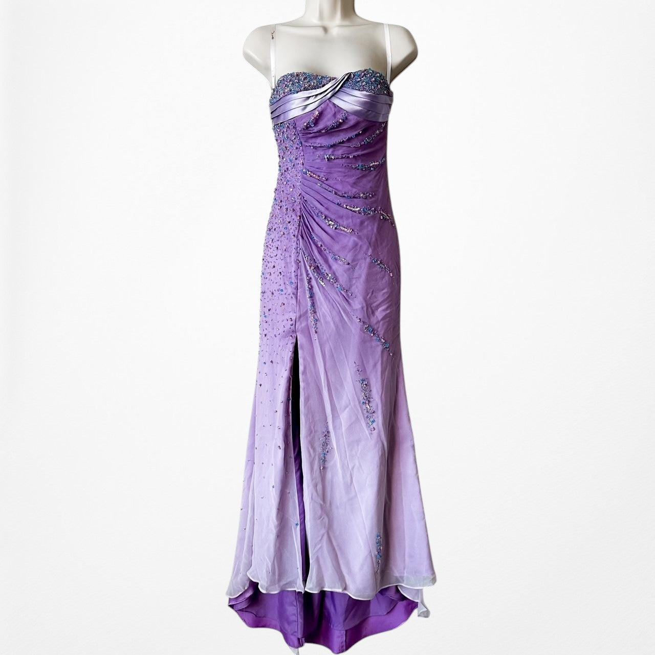 Vintage Purple Gradient Ombre Beaded Strapless Side Slit Maxi Prom Dress Size XS