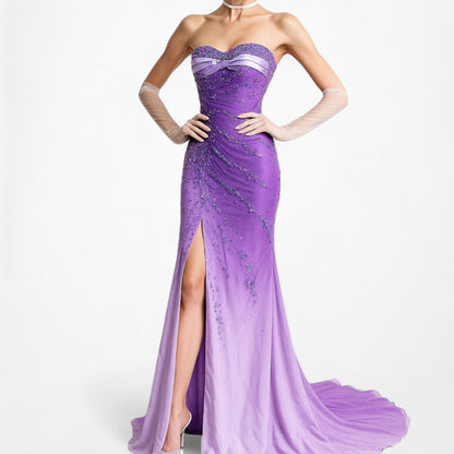 Vintage Purple Gradient Ombre Beaded Strapless Side Slit Maxi Prom Dress Size XS