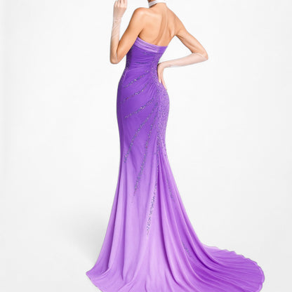 Vintage Purple Gradient Ombre Beaded Strapless Side Slit Maxi Prom Dress Size XS