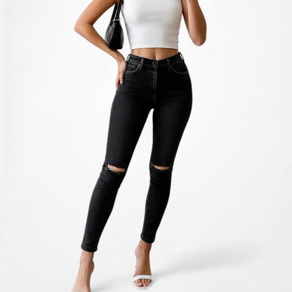 Topshop Dark Gray Faded Wash High Waisted Ripped Knee Skinny Jeans Size XS