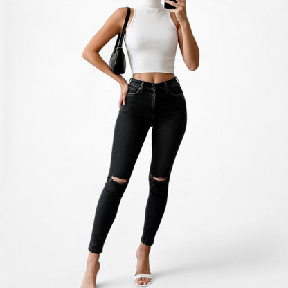 Topshop Dark Gray Faded Wash High Waisted Ripped Knee Skinny Jeans Size XS