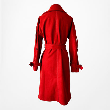 Red Oversized Belted Trench Coat Peacoat Style Long Jacket Size XS/S/M