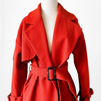Red Oversized Belted Trench Coat Peacoat Style Long Jacket Size XS/S/M