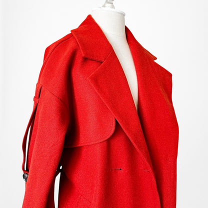 Red Oversized Belted Trench Coat Peacoat Style Long Jacket Size XS/S/M