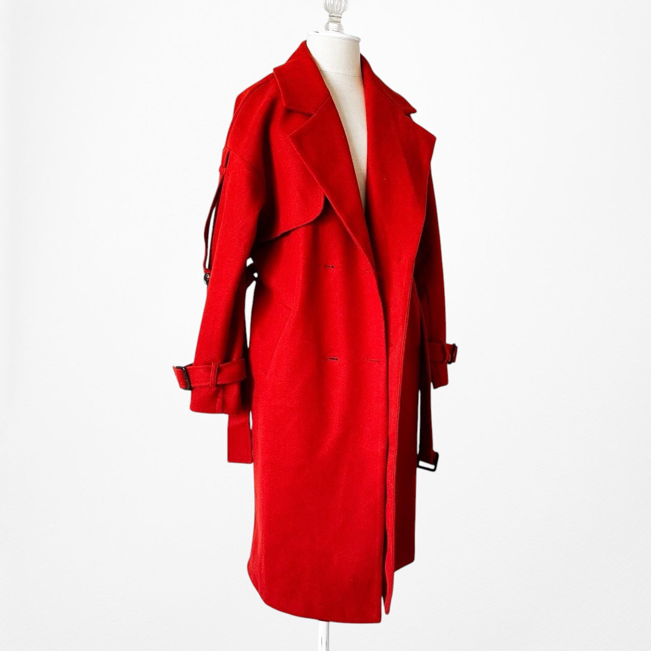Red Oversized Belted Trench Coat Peacoat Style Long Jacket Size XS/S/M