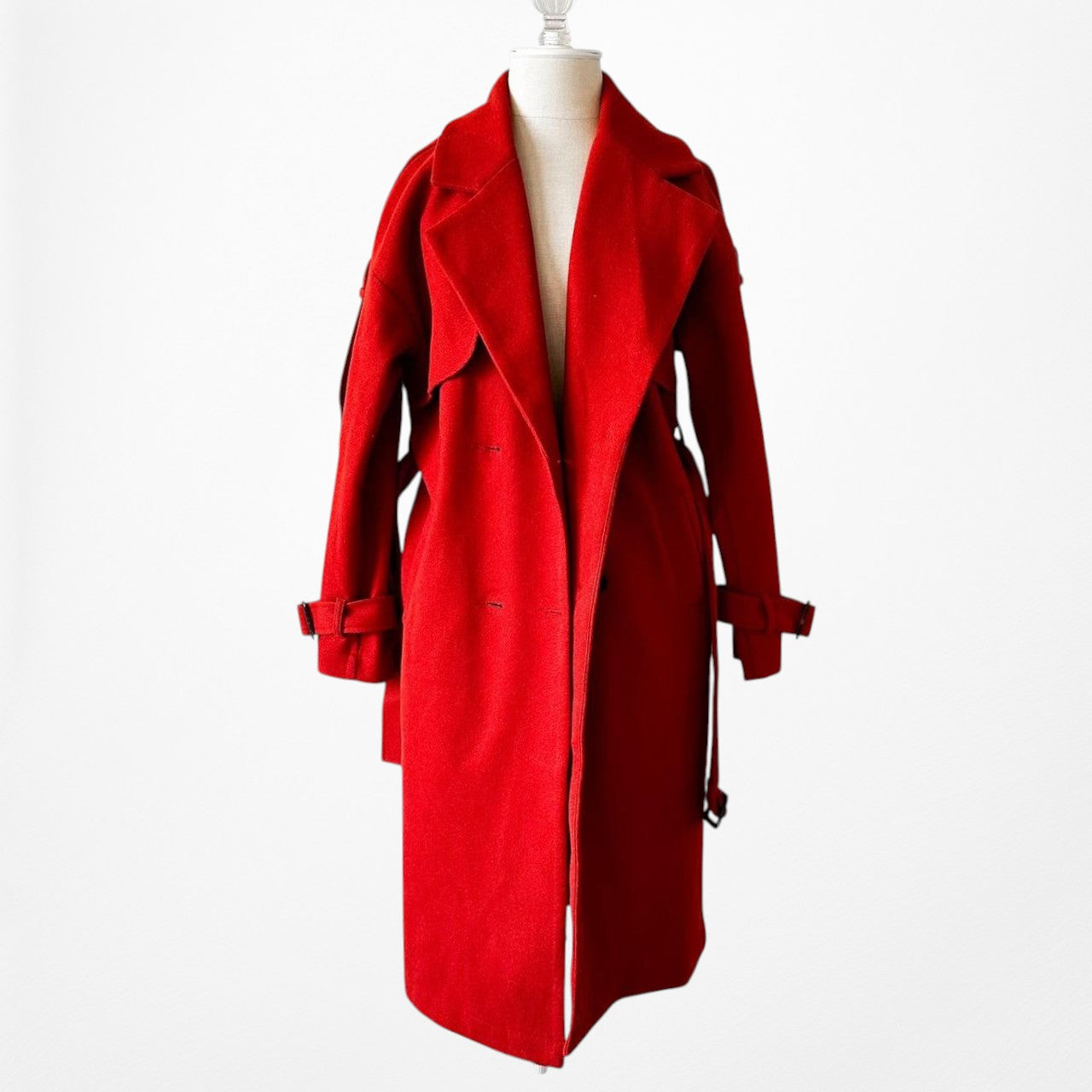 Red Oversized Belted Trench Coat Peacoat Style Long Jacket Size XS/S/M