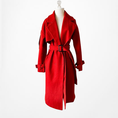 Red Oversized Belted Trench Coat Peacoat Style Long Jacket Size XS/S/M