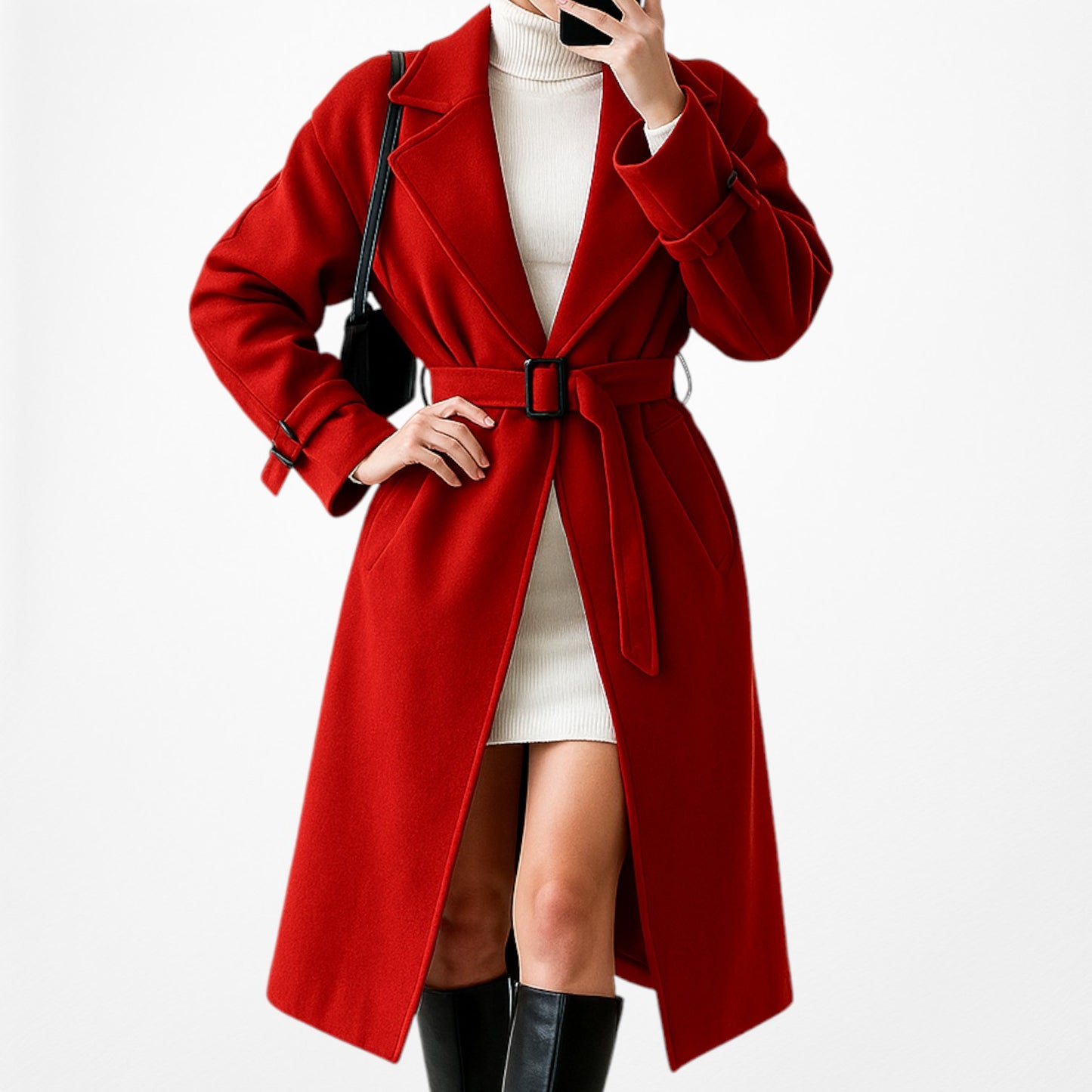 Red Oversized Belted Trench Coat Peacoat Style Long Jacket Size XS/S/M