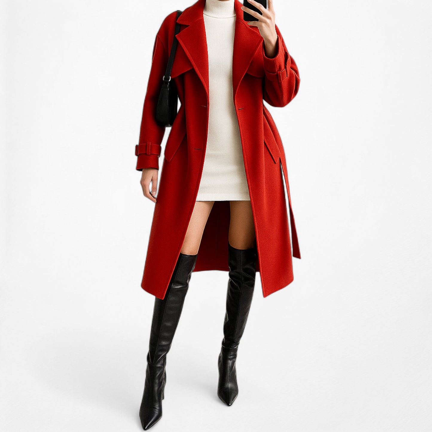 Red Oversized Belted Trench Coat Peacoat Style Long Jacket Size XS/S/M
