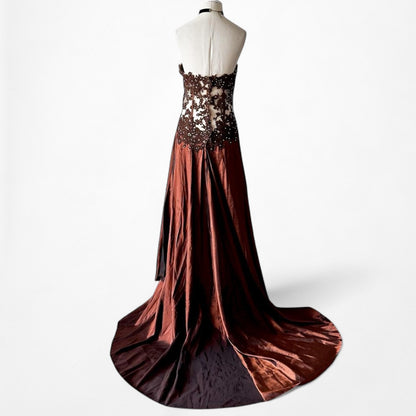 Vintage Y2K Brown Satin Lace Mesh Beaded Strapless Side Slit Maxi Prom Dress Size M/L