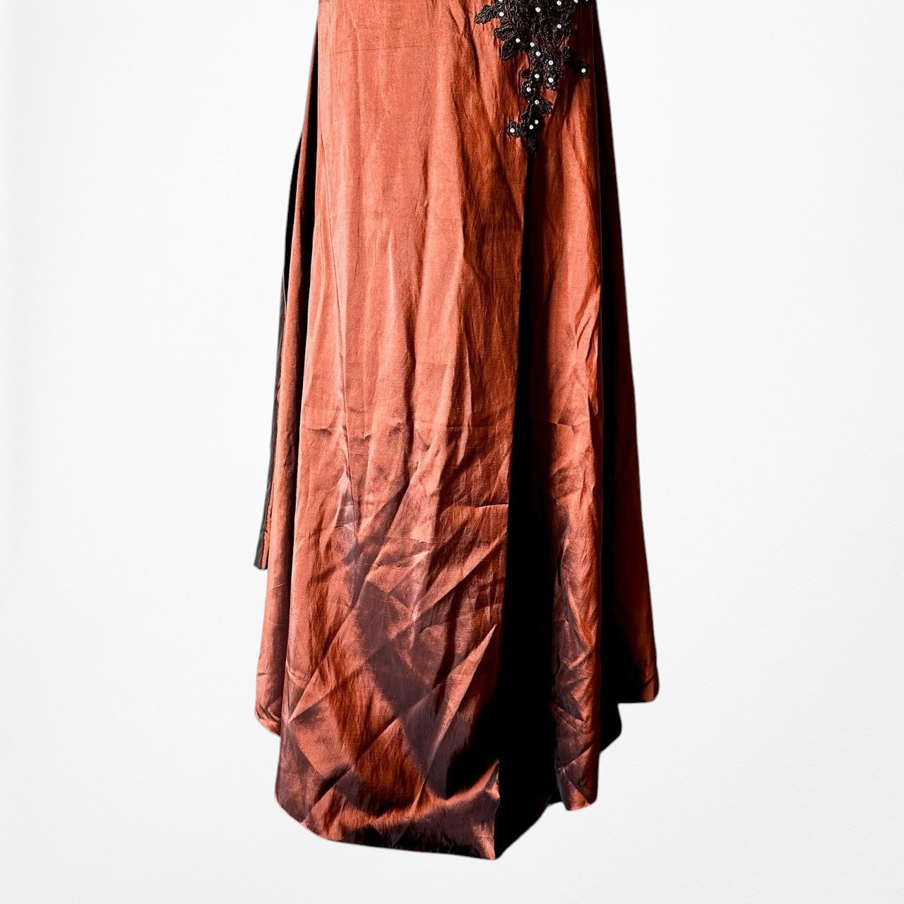 Vintage Y2K Brown Satin Lace Mesh Beaded Strapless Side Slit Maxi Prom Dress Size M/L