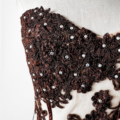 Vintage Y2K Brown Satin Lace Mesh Beaded Strapless Side Slit Maxi Prom Dress Size M/L