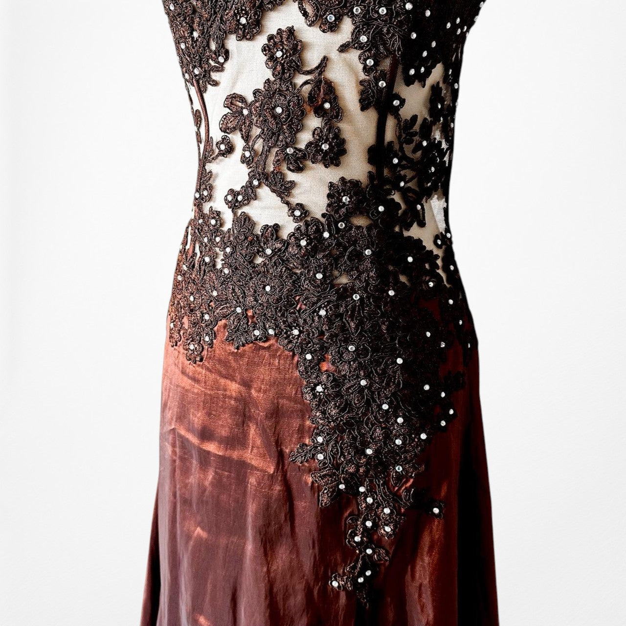 Vintage Y2K Brown Satin Lace Mesh Beaded Strapless Side Slit Maxi Prom Dress Size M/L