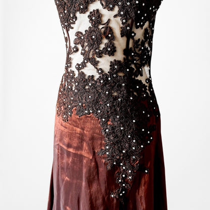 Vintage Y2K Brown Satin Lace Mesh Beaded Strapless Side Slit Maxi Prom Dress Size M/L