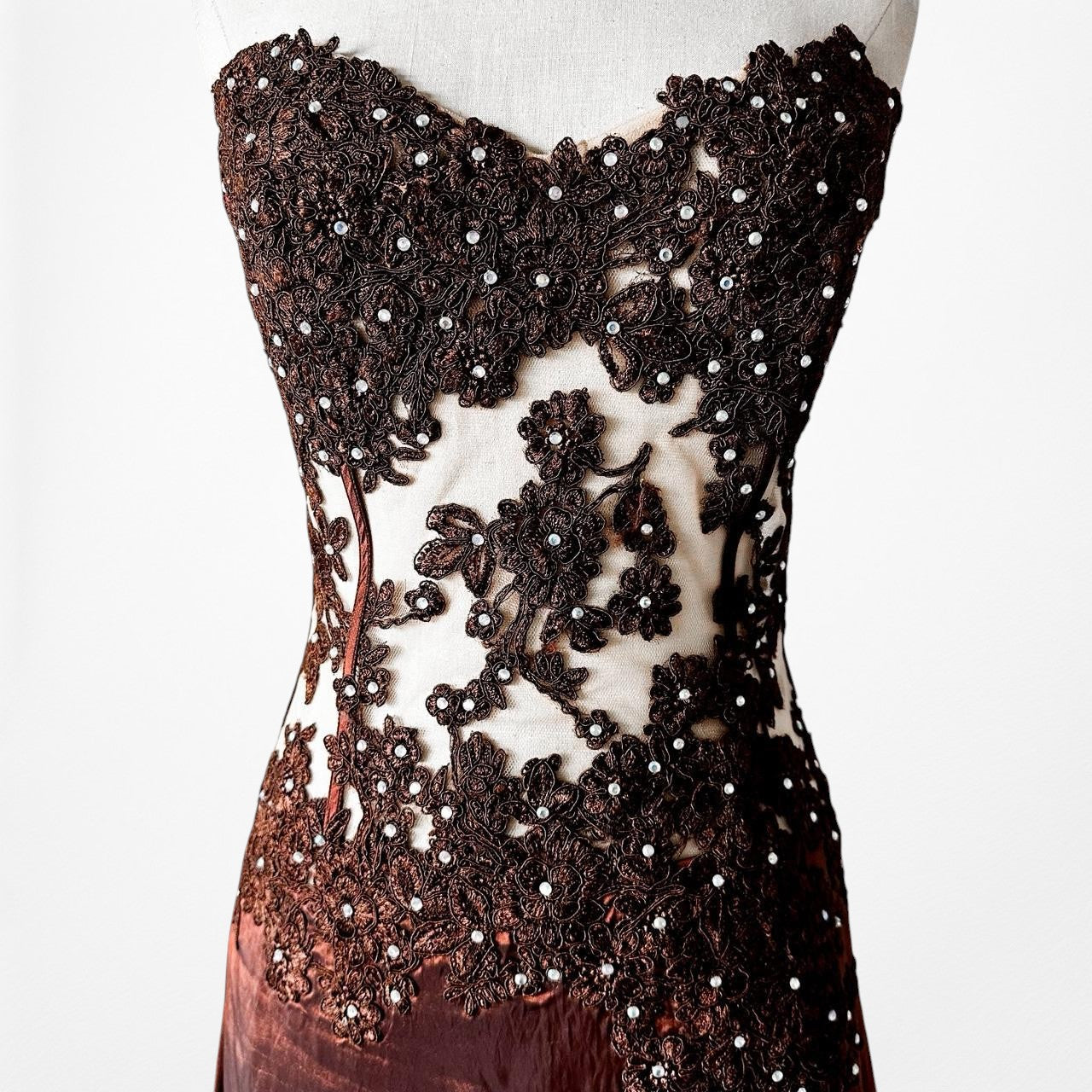 Vintage Y2K Brown Satin Lace Mesh Beaded Strapless Side Slit Maxi Prom Dress Size M/L