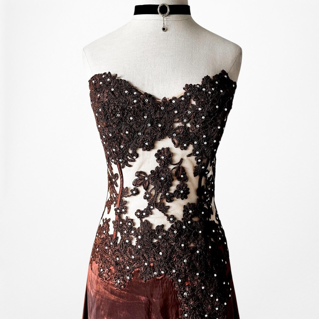 Vintage Y2K Brown Satin Lace Mesh Beaded Strapless Side Slit Maxi Prom Dress Size M/L