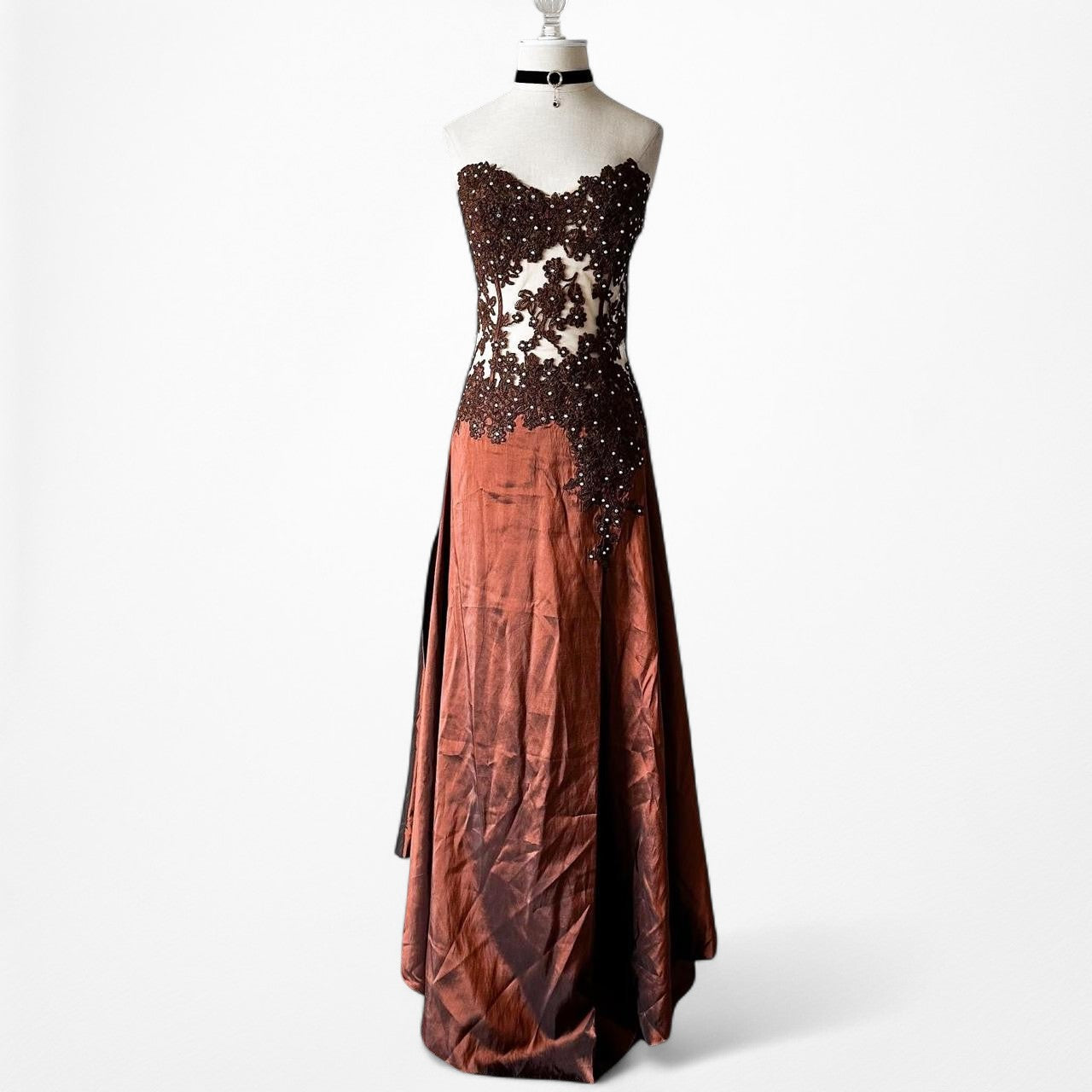 Vintage Y2K Brown Satin Lace Mesh Beaded Strapless Side Slit Maxi Prom Dress Size M/L