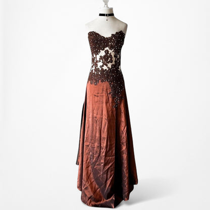 Vintage Y2K Brown Satin Lace Mesh Beaded Strapless Side Slit Maxi Prom Dress Size M/L