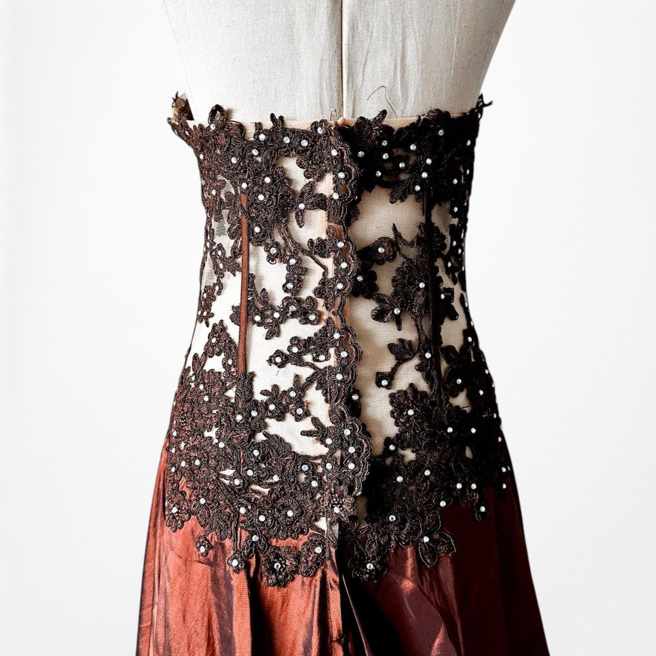 Vintage Y2K Brown Satin Lace Mesh Beaded Strapless Side Slit Maxi Prom Dress Size M/L