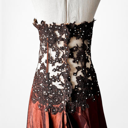 Vintage Y2K Brown Satin Lace Mesh Beaded Strapless Side Slit Maxi Prom Dress Size M/L