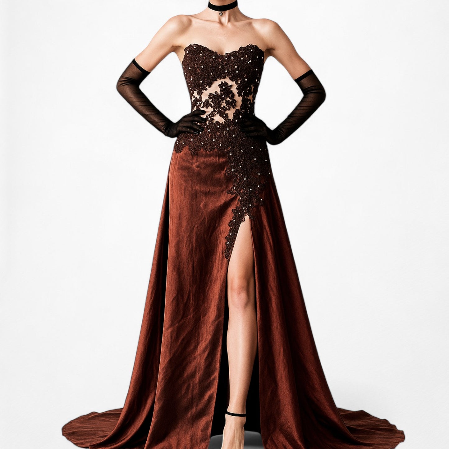 Vintage Y2K Brown Satin Lace Mesh Beaded Strapless Side Slit Maxi Prom Dress Size M/L