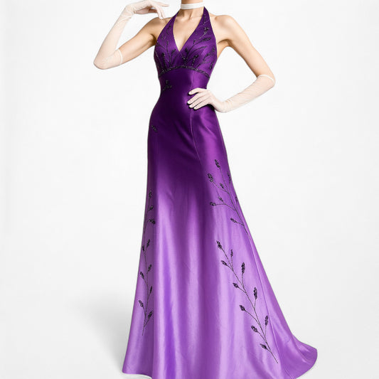 Vintage Purple Gradient Ombre Floral Beaded Satin Bodycon Maxi Dress Size M/L