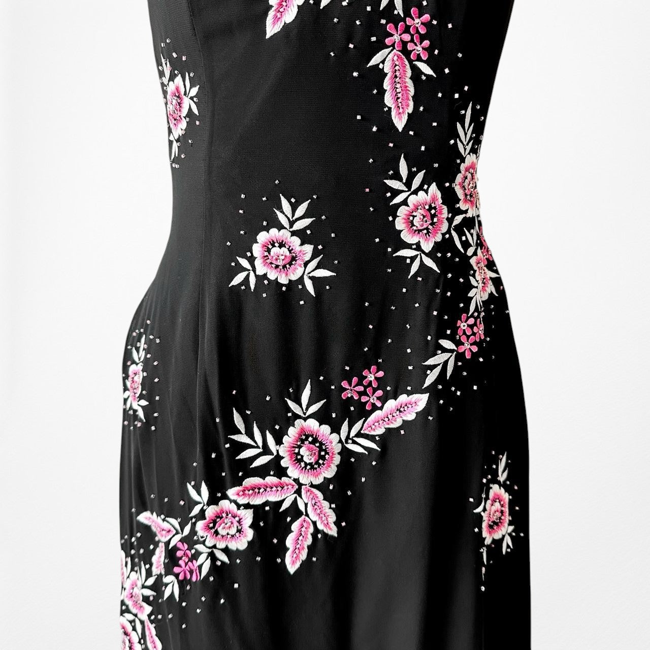 Vintage Strapless Floral Beaded Sheer Tulle Fishtail Maxi Bodycon Prom Dress M